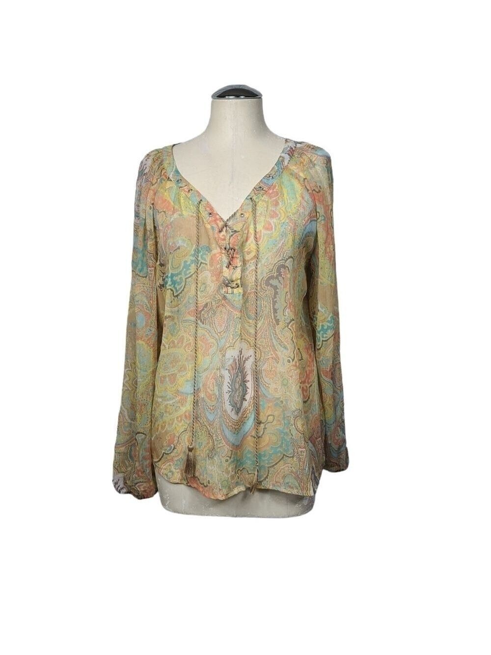 Jessica Simpson Paisley Lace Up V Neckline Sheer Long Sleeve Blouse XL